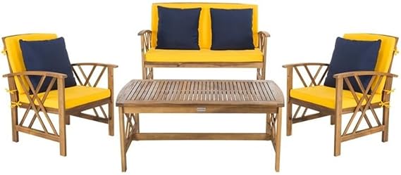 SAFAVIEH Outdoor Collection Fontana Natural/ Yellow Cushions/ Navy Pillows 4-Piece Conversation Patio Set