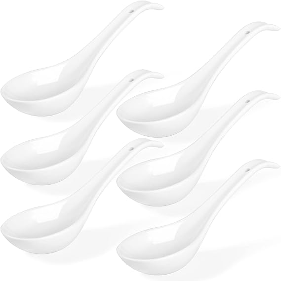 White Ceramic Soup Spoons Set of 6 - 6.75 Inch Chinese Ramen Spoons for Pho, Cereal, Noodles, Stews, Wonton, Dumpling, Miso - Deep Oval Hook Design, Dishwasher Safe