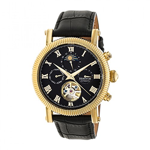 HERITOR Winston Automatic Watch for Men 44mm Mens Semi Skeleton Watch with Jeweled Automatic Movement, 316L Stainless Steel Case, Genuine Leather Strap