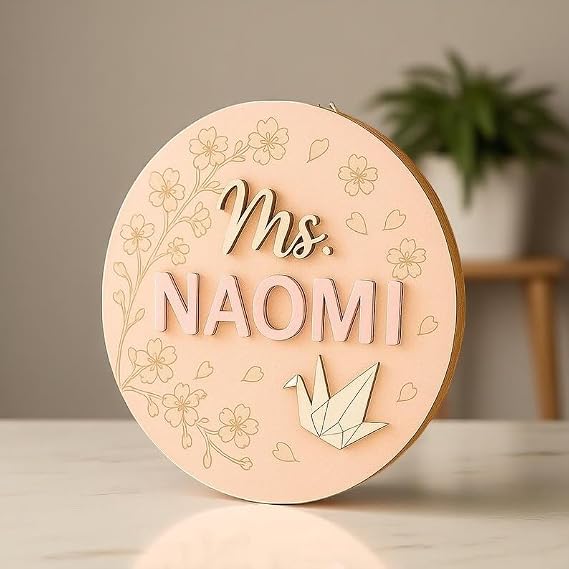 Personalized Japanese Themed Teacher Sign, Minimalist Door Hanger with Cherry Blossom & Origami Decor, Unique End of Year & Back to School Gifts for Women, Zen Decor