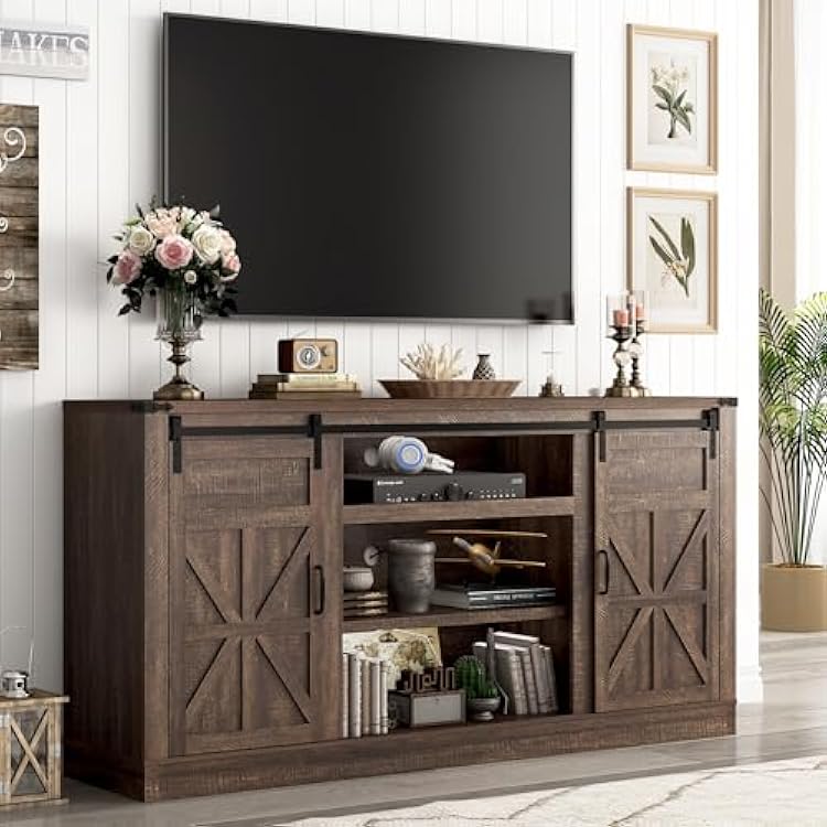 66 Farmhouse TV Stand for 75 Inch TV, 33 Tall Entertainment Center with Power Outlets & Sliding Barn Door, Wood TV Stands with Storage, TV Media Console for Living Room, Brown