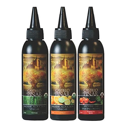 Thyme Balsamic Reduced Vinegar 150ml, Citrus Balsamic Reduced Vinegar 150ml and Tomato & Basil Spicy Peri-Peri 150ml Non GMO Castillo de Pinar 3-Pack Bundle