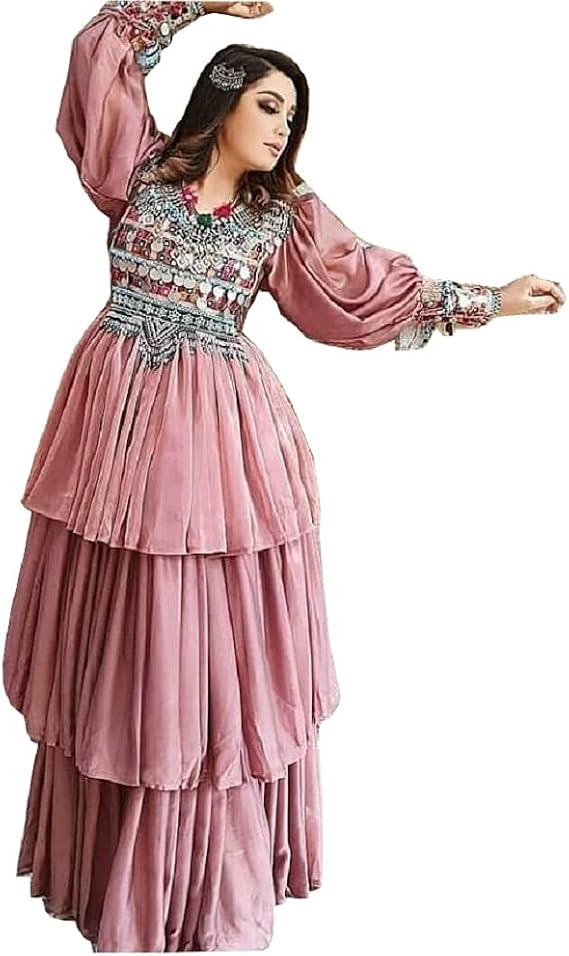 Afghan Kuchi Handmade Traditional Embroidered Women Afgani Dress Multi Color Medium Size 48 inch Length/22 inch Sleeves Pink