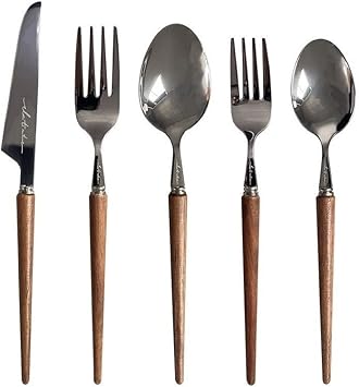 Luxury Silverware Flatware Set with Wooden Handle, 30/40/50/60 Pieces Creative Knife Fork and Spoon Set, Stainless Steel Steak Knives Dessert Fork Spoon for Home Kitchen Gift