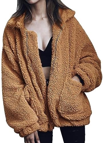 Comeon Winter Coats for Women Shaggy Fur Jacket Fuzzy Faux Shearling Zip Up Oversized Warm Shacket Outwear