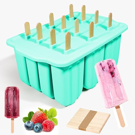 12 Cavities Silicone Popsicle Molds,Popsicle Molds, Food Grade Cake Molds for Ice Cream,Complimentary 50 sticks,green