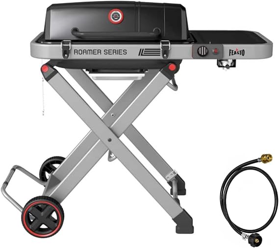 FEASTO Portable Propane Gas Grill with Folding Cart & 13000 BTUs Burner, 360 Sq. In. Cast Iron Cooking Grates, Side Table, 8" Wheels, Stainless Grease Tray, Black Includes Propane Adapter Hose.