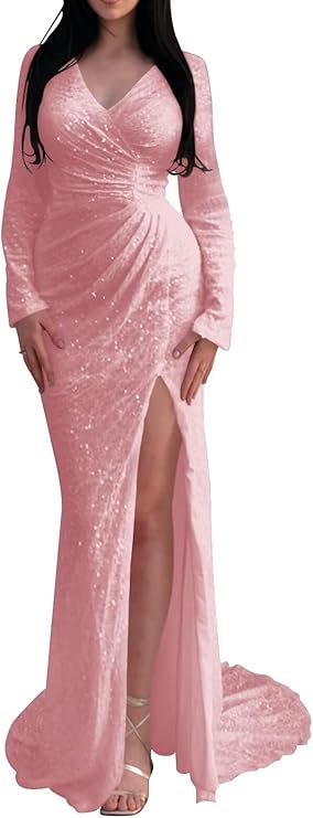 Maxianever Blush Pink Prom Dresses 2025 Long Sparkly Sequin with Long Sleeve for Women Mermaid Formal Evening Gown V Neck 8