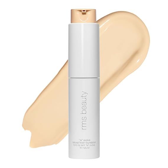 RMS Beauty ReEvolve Liquid Foundation - Natural Finish, 1 oz | Medium coverage silicone-free skin tint liquid foundation. Hydrating and firming natural finish formula for mature skin.