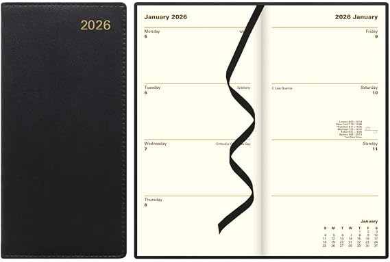 Letts of London 2026 Belgravia Weekly/Monthly Appointment Book and Planner, 12 Months, January to December, Italian Leather, Vertical, Slim Size, 6.625" x 3.25", English, Black (C33SUBK-26)