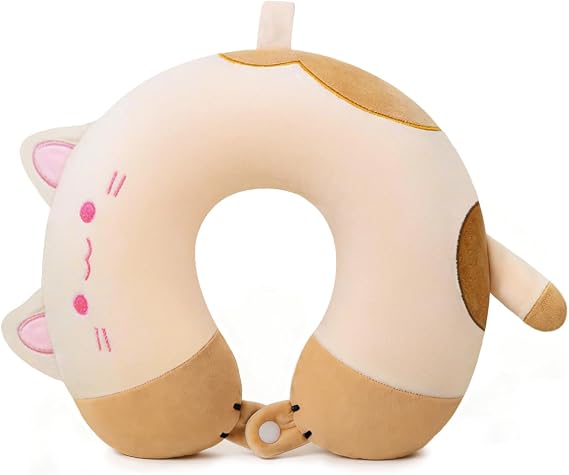 Sexysamba Kids Travel Pillow Memory Foam U Shaped Neck Pillow Cartoon Animal Headrest for Car Flight Airplane Plane Road Trip Sleeping, Soft Neck Support for Adult Boys Girls Gift, Cute Apricot Cat