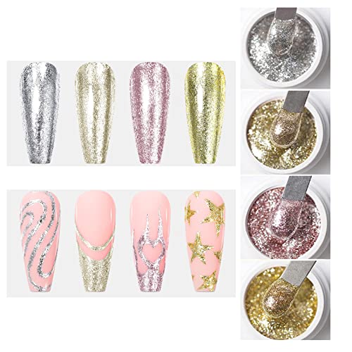 VERONNI Glitter Gel Nail Polish Chrome Platinum Glitter Gel Nail Polish Set, Sparkly Shiny Silver Gold Pink Champagne 4 Colors Nail Art Painting Drawing Home DIY Manicure Nail Salon