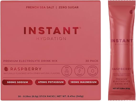 Instant Hydration Electrolytes Powder Packets - Raspberry Electrolyte Drink Mix - Zero Sugar - Keto, Vegan, Gluten-Free, Non-GMO - Boost Recovery, Brain Health, Muscle & Tissue Support- 30 Sticks