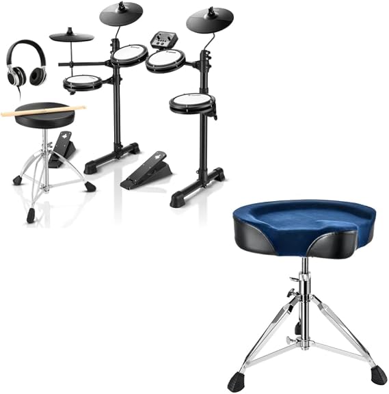 Donner DED-80 Electronic Drum Set with 4 Quiet Mesh Pads and Donner Heavy Duty Drum Throne Motorcycle Style Widened Drum Stool with Blue Velvet Surface