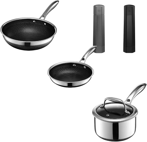 HexClad Hybrid Nonstick 6-Piece Cookware Set, 1Qt Saucepan with Lid, 10" Wok, 7" Pan, and Salt and Pepper Grinder Set