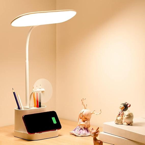 Desk Lamps for Home Office, 3 Light Colors Dimmable Desk Light Led Desk Lamp with Charger, Battery Operated Desk Lamp for Desk, Study Lamp with Pen & Phone Holder,White Led Desk Lamps for Home Office