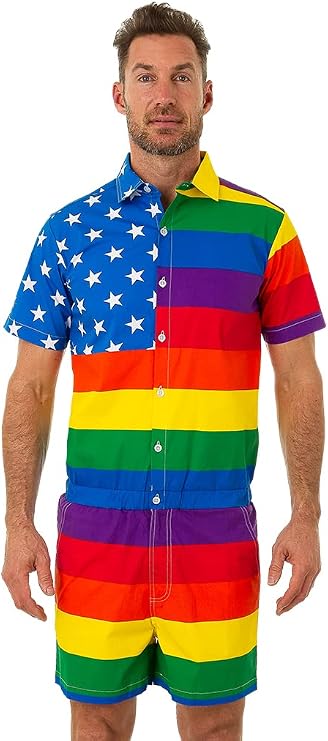 UZZI Men's Romper American Flag One Piece Casual USA Short Sleeve Jumpsuit Overalls