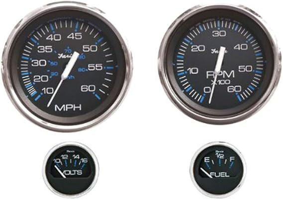 Faria Beede Instruments Faria Beede KTF004 Chesapeake Stainless Steel Outboard 4-Gauge Boxed Set - Speedometer/Tachometer/Fuel Level/Voltmeter, Black