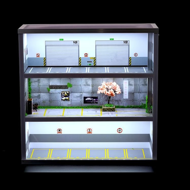 Garage Model Display Case 164 Scale Car Display Case with LED Light & Clear Door Parking Garage Diorama Vehicle Storage Case with 16 Parking Spaces for Sports Vehicle