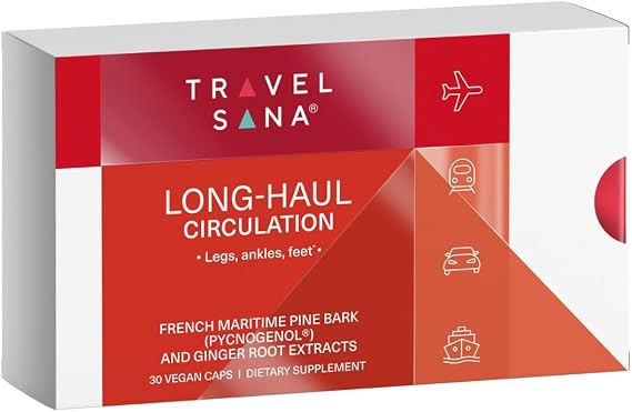 Long-Haul Circulation | Reduce Swollen Legs, Ankles, Feet | Relieve Leg Discomfort from Long Flights | Travel Essentials | Pycnogenol 100 mg & Ginger Root Extract | 30 Servings (Vegan Caps)