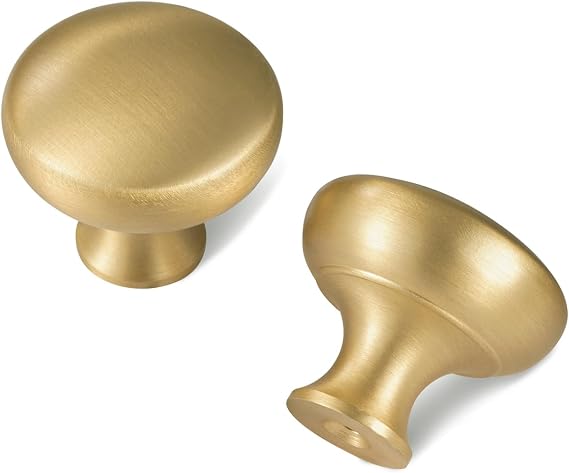 SALISENG Brushed Gold Kitchen Cabinet Knobs -5 Pack Solid Brass Handle for Dresser Drawer,1-1/4 Inch Diameter, Modern Round Cupboard Closet Vanity Pulls - Furniture Hardware for Bathroom Bedroom