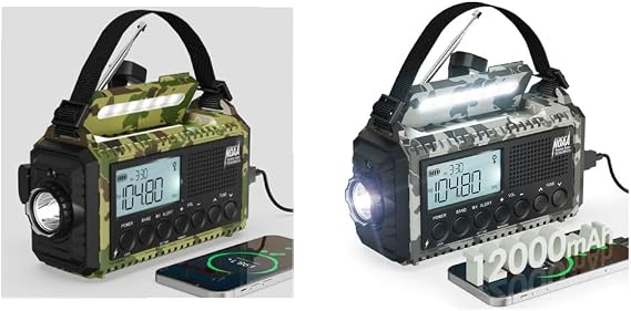 NOAA Emergency Weather Radio Camouflage 5-Way Powered 12000mAh, Crank Radio Flashlight Cell Phone Charger Am Fm Radio Portable