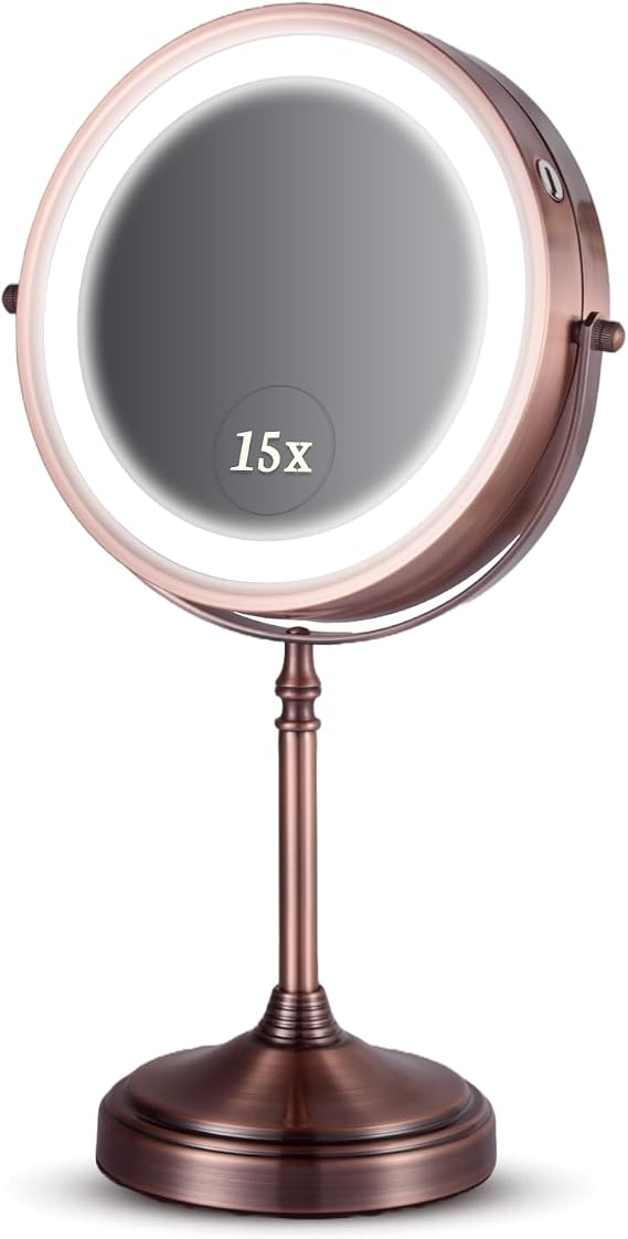 MIRRORVANA 15X LED Makeup Mirror, 3 Light Modes, 8" x 15" (Antique Bronze)