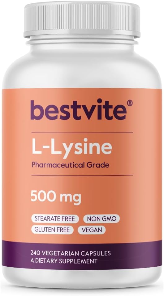 BESTVITE Filler-Free L-Lysine 500mg (240 Veg Caps) - Vegan - No Stearates | No Fillers - Non GMO - Gluten Free - No Dicalcium Phosphate - Amino Acid Supporting Skin, Lip & Immune Health*