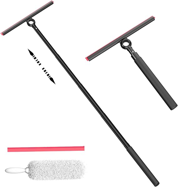 Shower Squeegee for Glass Doors, Window Squeegee for Home,Squeegee with Telescopic Extension Pole,Professional Window Cleaning Tool, Black, for Mirror, Glass, Ceramic Tile