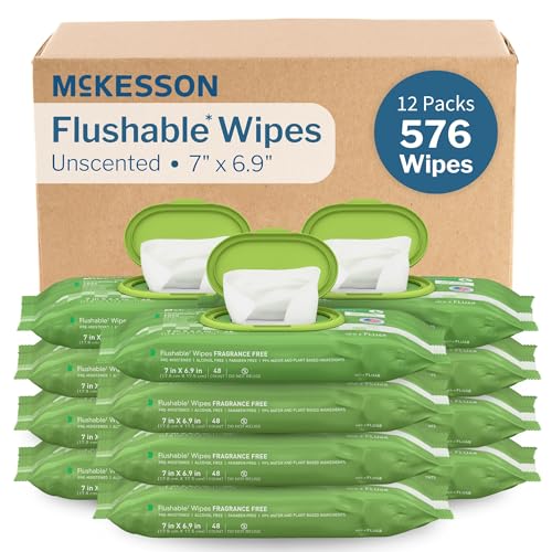 McKesson Flushable Adult Wet Wipes 576 Wipes 12 Pack of 48 Aloe & Vitamin E, Plant-Based Cleansing Wipes, Unscented