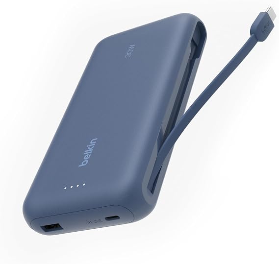 Belkin Taşınabilir Şarj Cihazı, 20K Entegre Kablolu Taşınabilir, 30 W Güç İletimli Hızlı Şarj, USB-C, iPhone 17, iPad Pro, Galaxy S25 Serisi ve Daha Fazlası, Mavi