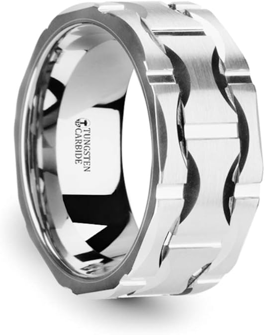 Kanye Tungsten Carbide Crescent Pattern Design and Brushed Finish Wedding Band Ring - 10mm Wide