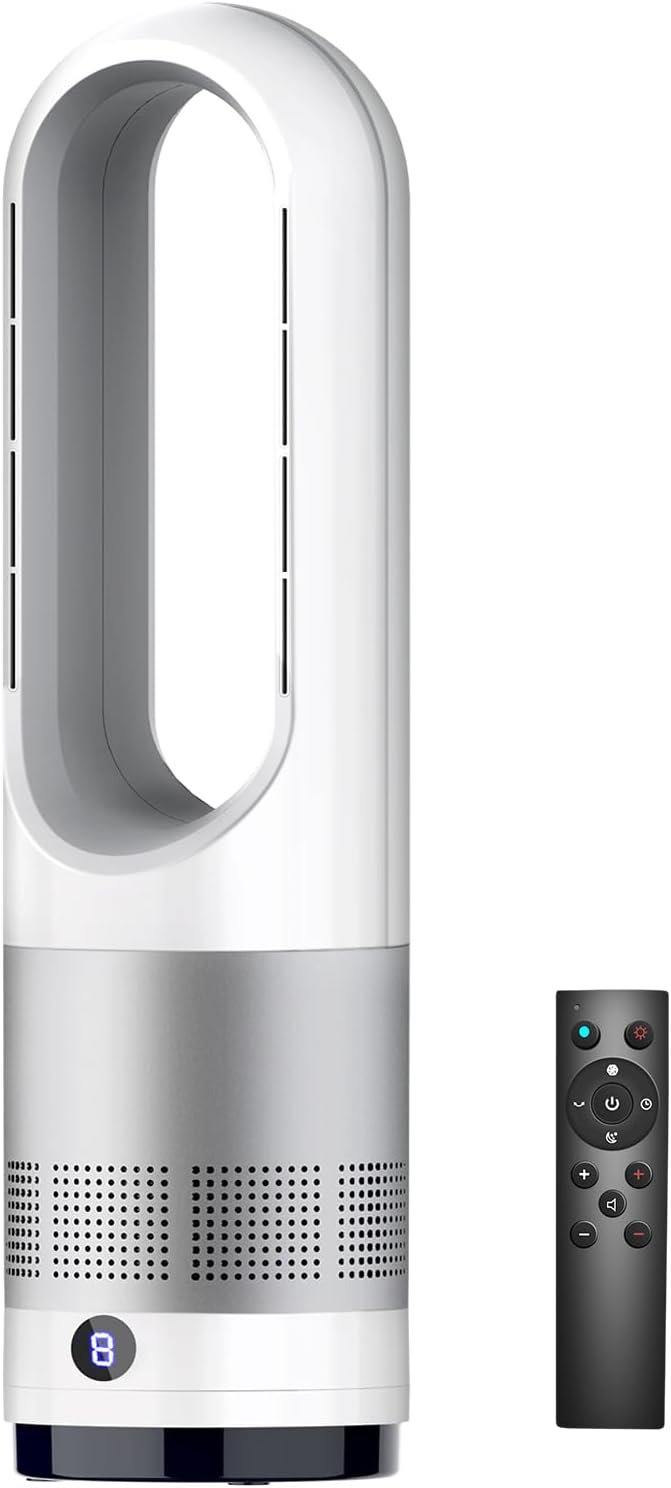Feather Free Fan, Fan Heater Air Conditioning and Energy Saving, 8 Levels of Cold  3 Levels of Warm Air, Automatic Oscillation, 1-9 Shut-off Timer, Remote Control, Prevents Forgetting Disconnects