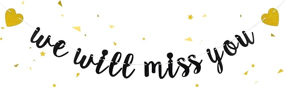 We Will Miss You Banner Black Gold Glitter Pennant Flag Bunting
