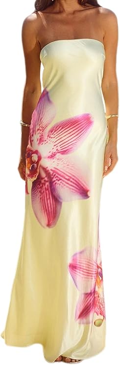 Women Y2k Strapless Maxi Dress Floral Print Tube Long Dress Boho Beach Sundress Going Out Streetwear