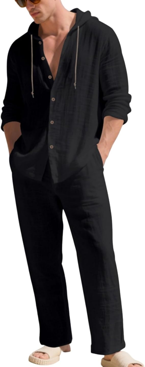 Men Linen Sets Outfits 2 Piece Sweatsuits Men Long Sleeve Lounge Sweatshirts Baggy Leisure Pant Ropa De Hombre De Moda Classic Regular Fit Tracksuit Black S