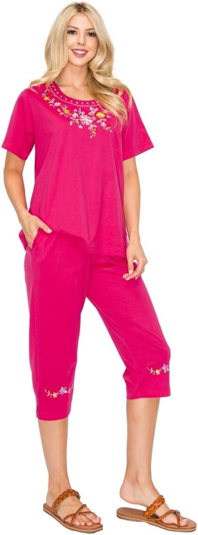 unik Women's Short Sleeve Embroidered Blouse and Matching Capri Loungewear Set For Everday Wear