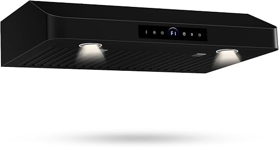 30 Inch Under Cabinet Range Hood,1200CFM Vent Hood with Powerful Suction,4-Speed Exhaust Fan,Stainless Steel Ducted Kitchen Hood Extractor with Led Lights,Smart Touch Panel,Black,15S-E30BK