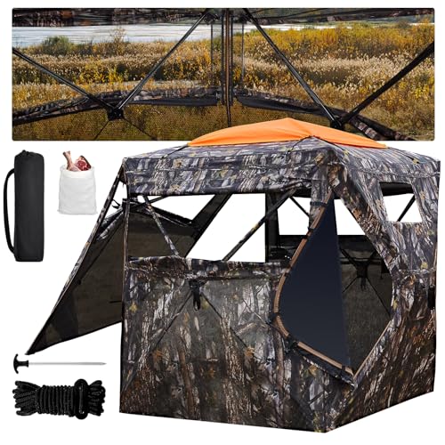 Hunting Blind 300D See Through Ground Blinds with Carrying Bag, 234 Person 270 Degree 2 Doors Pop Up Deer Blind Portable Camouflage Hunting Tent, with Cyclone Tent Stakes and Wind Ropes