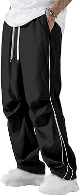 Mens Casual Drawstring Parachute Pants Baggy Elastic Waist Pants Side Stripes Athletic Loose Tousers with Pockets