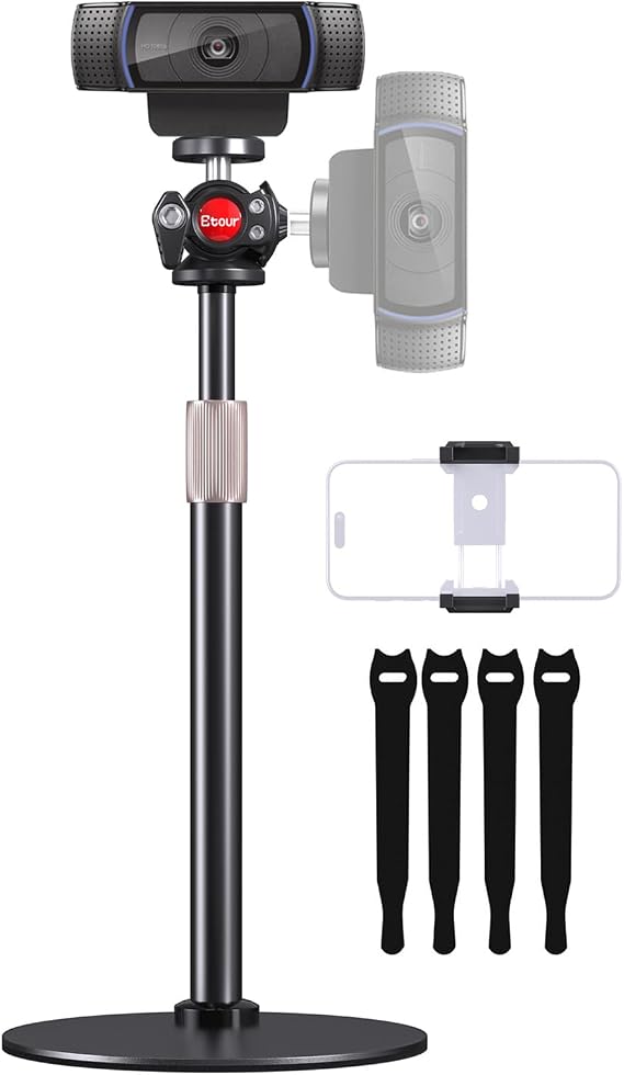 Webcam Tripod Stand for Desk, Small Base, 360 Ballhead, Height Adjustable