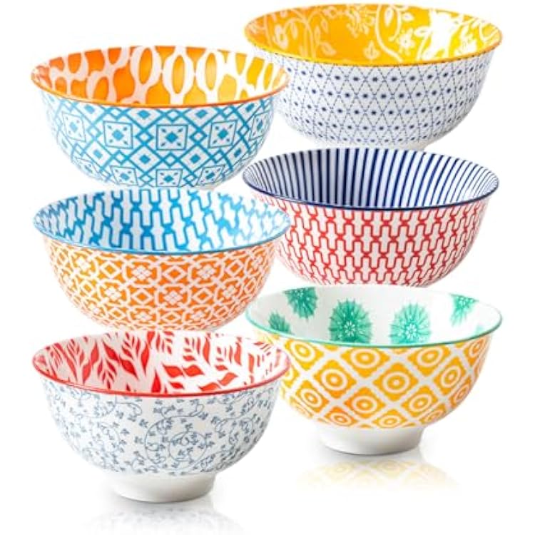 Ceramic Dessert Bowls Set - Small 12 Oz Cereal Bowls - 4.75 Inch Ice Cream Bowls for Fruit, Snack, Side Dishes, Dipping Sauce - Microwave Dishwasher Safe - Set of 6 - Assorted Colors