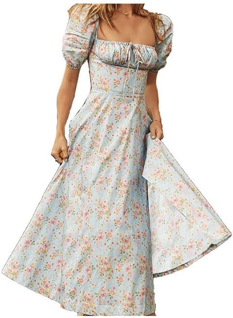 Womens Puff Sleeve Slit Maxi Dress, Summer Boho Dress, Elegant Floral Print Slit Beach Party Vintage Maxi Dress