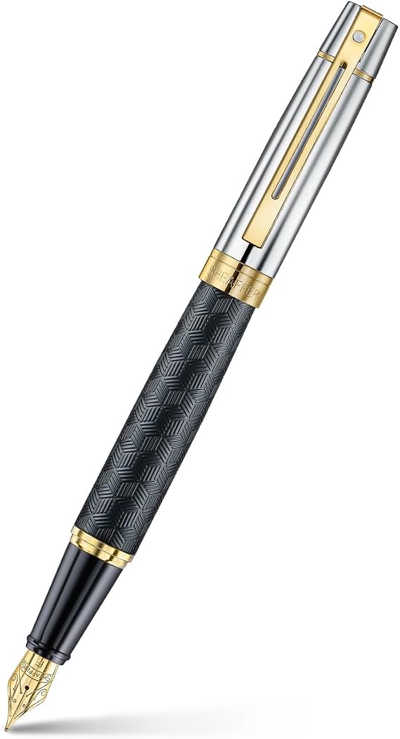 Sheaffer 300 Fountain Pen | E9347 Engraved Matt Black Barrel and Shiny Chrome Cap with PVD Gold Trims | Fine Nib | Premium Fountain Pen