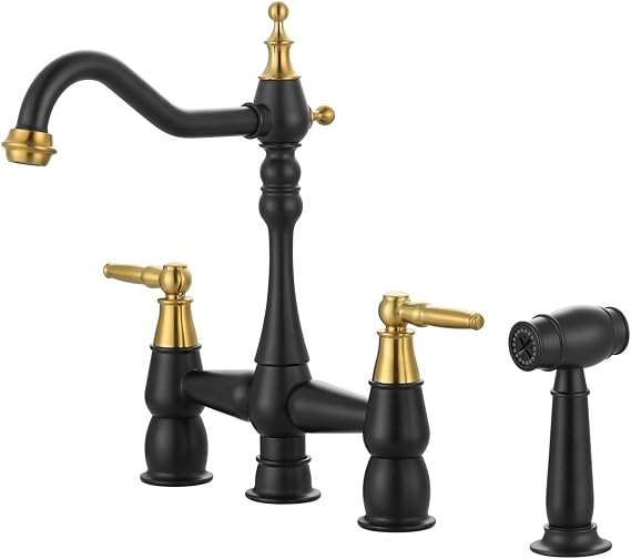 ALEASHA 4 Hole Bridge Centerset Faucet with Side Sprayer, Black Gold