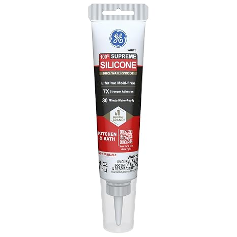 GE Supreme Silicone Caulk for Kitchen & Bathroom, White, 2.8 fl oz Tube, 1 Pack - 100% Waterproof Silicone Sealant, 7X Stronger Adhesion, Shrink & Crack Proof