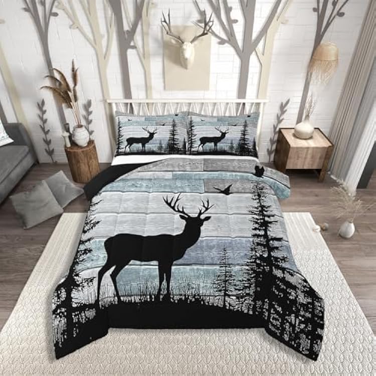 Erosebridal Rustic Deer Comforter Set Twin for Mens Boys,Western Farmhouse Bedding Sets,Cabin Country Lodge Down Comforter Hunting Theme Woodland Animal Quilt for Kids Teens Girls Bedroom Decor,Blue