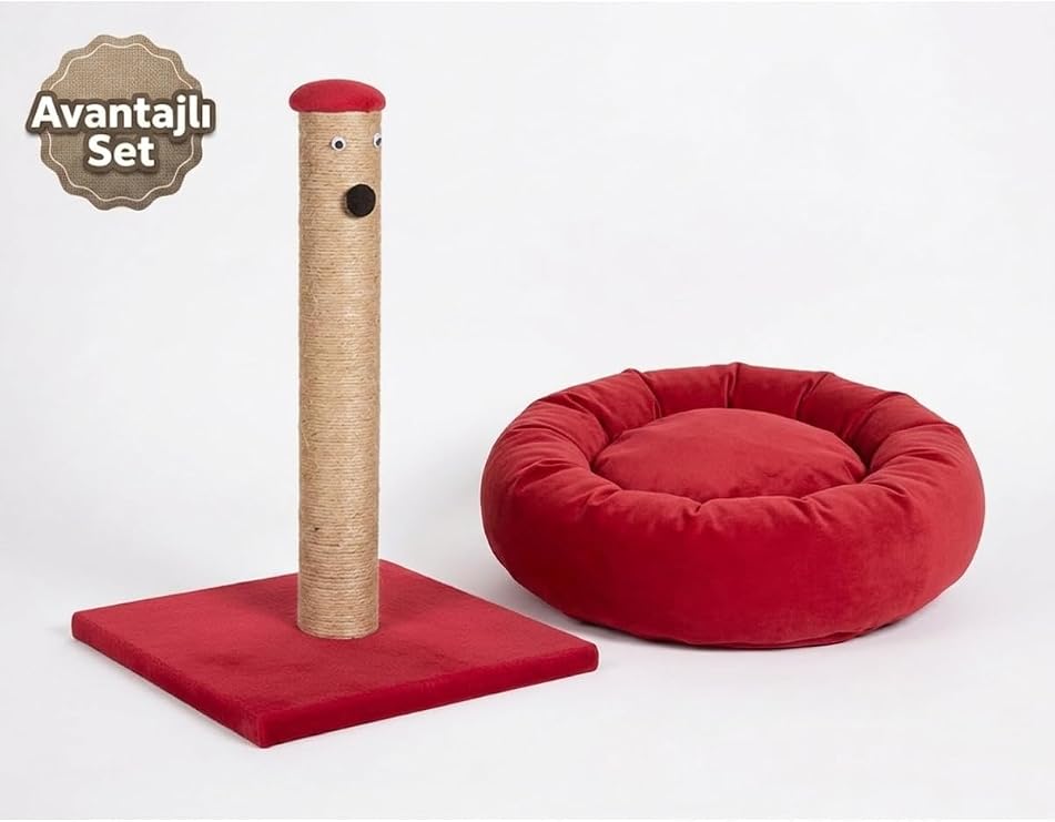 2'li Set Tırmalama Tahtası ve Polar Simit Kedi Yatağı, Kırmızı