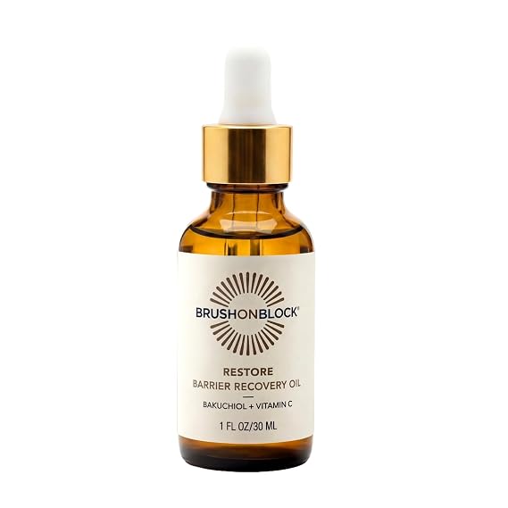 Brush On Block Restore Barrier Recovery Oil | Lightweight Daily Repair Face Oil with Bakuchiol, Rosehip & Vitamin C, Clean Beauty, Fast-Absorbing, Non-Greasy Glow Facial Oil for All Skin Types, 1 FlOz