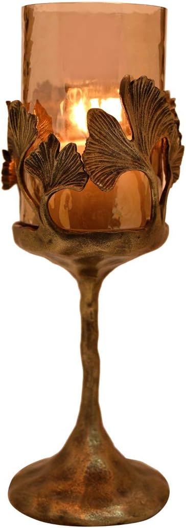 Decozen Candle Holder Stand with Small Glass in Brown Antique Brass Finished for Home Decor Console Table Centerpiece Patio Garden Dining Living Room Bedroom Office Farmhouse Wedding Decorations